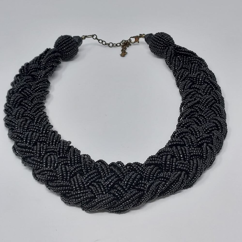 Chunky Black Braided Seed Bead Choker Statement 1.5" Wide Adj to 18"